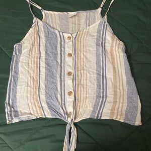 Paper Crane Blue, Beige, and Cream Striped Tie-Front Camisole